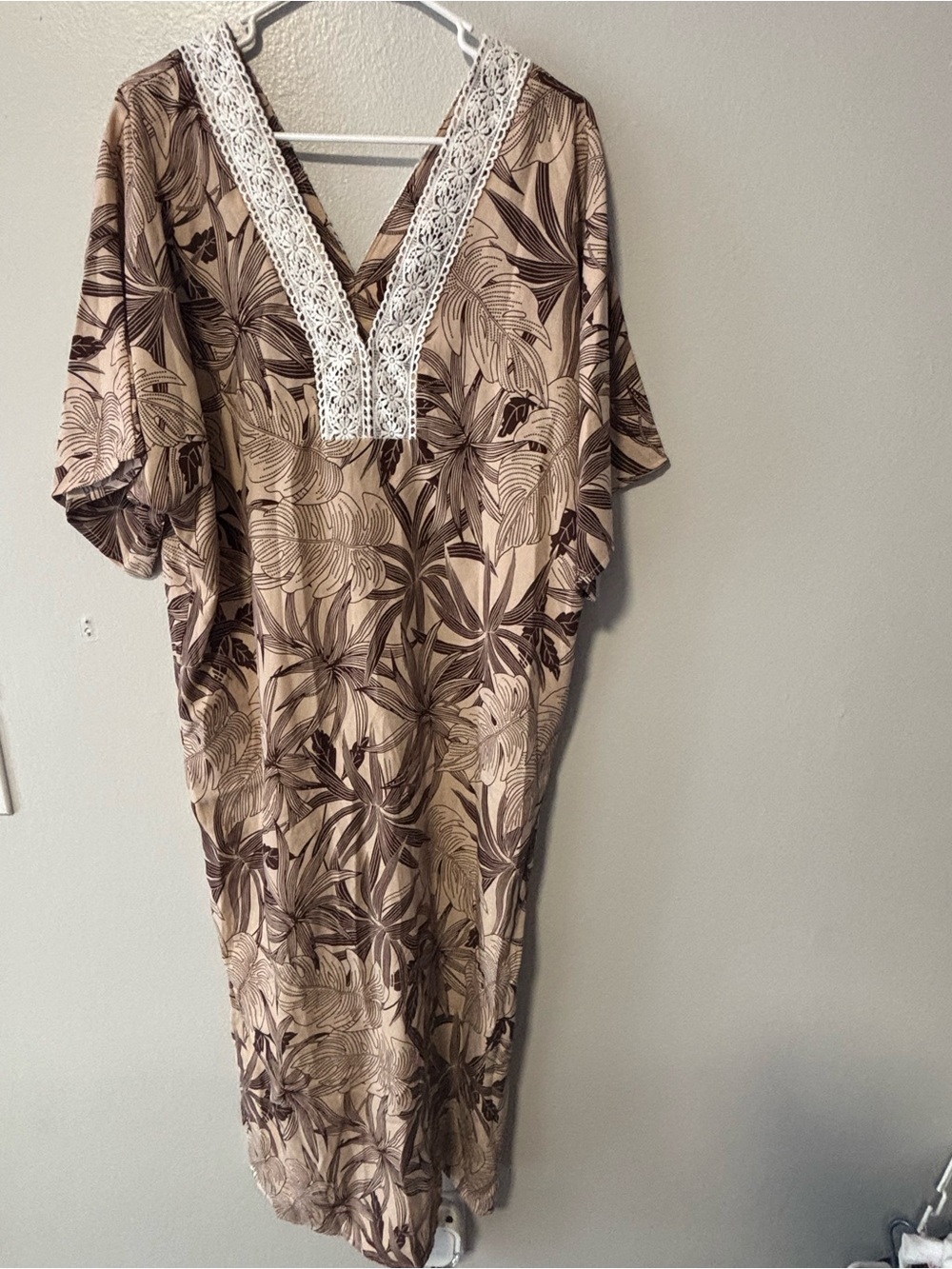 Boho Floral Lace V-Neck Maxi Dress in Taupe and Brown